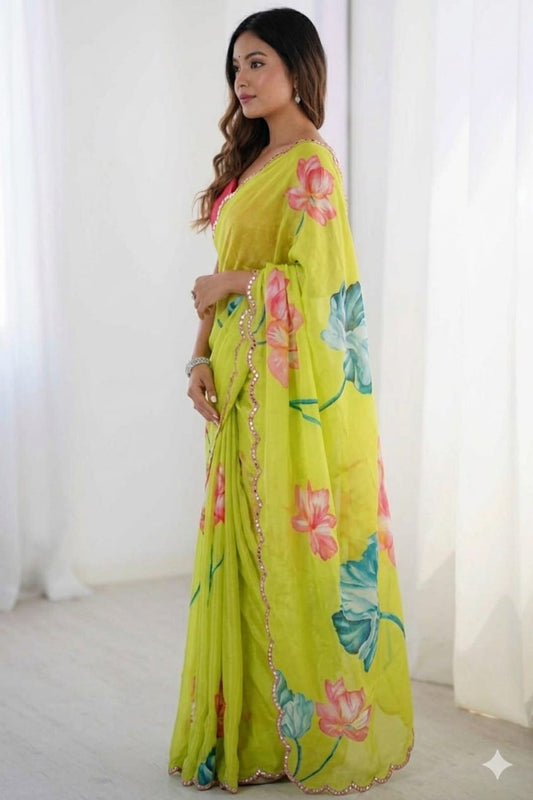 Light yellowish rose printed georgette saree