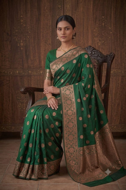Darker green silk with jari work bnarsi saree