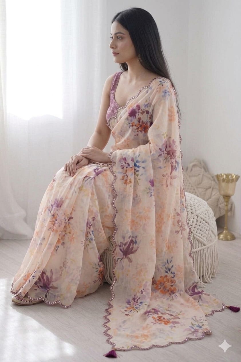 Light Creamy printed georgette saree ready to wear