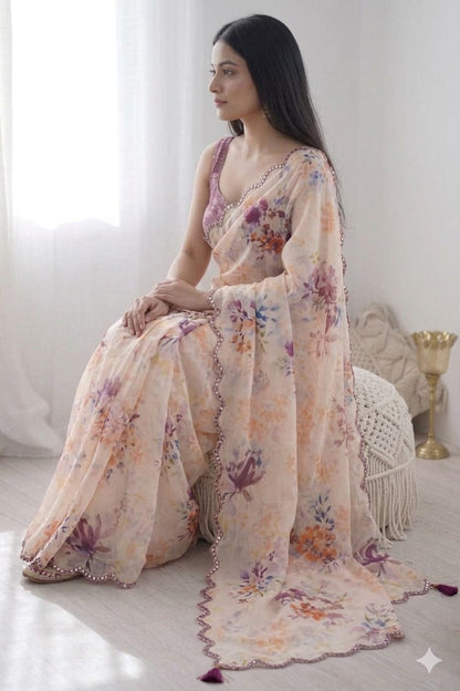 Light Creamy printed georgette saree ready to wear
