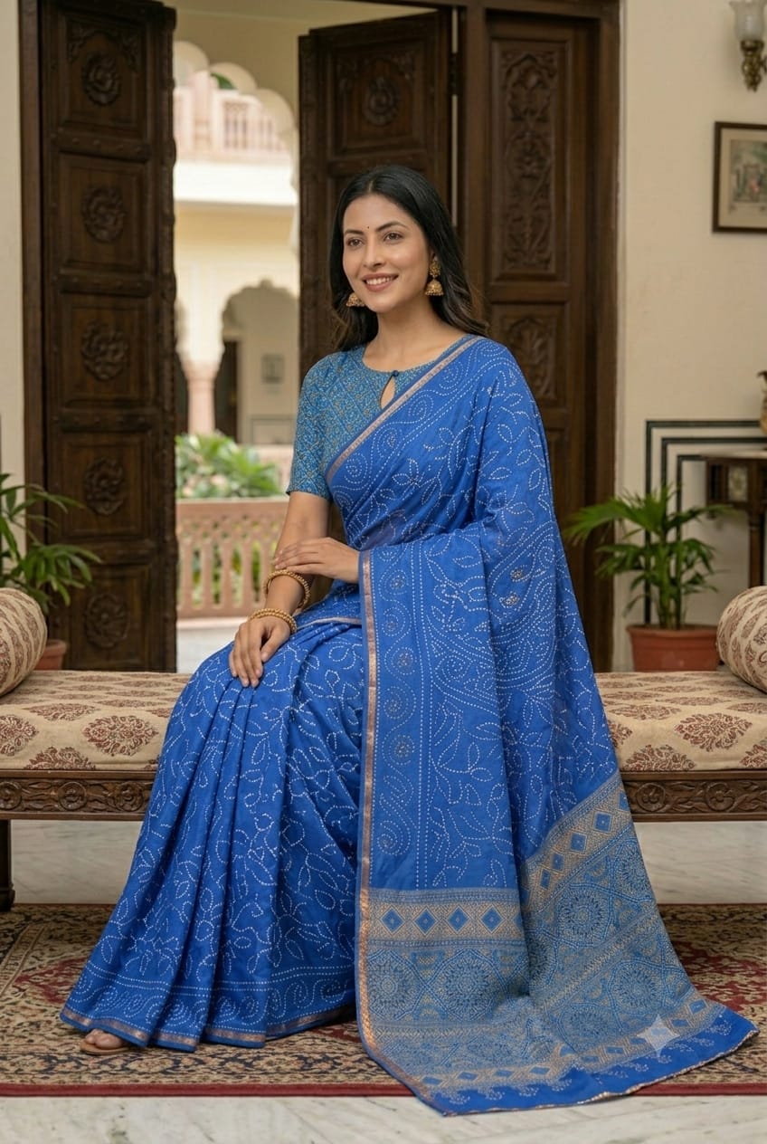 Asmani blue saree mixture of polyester fabric