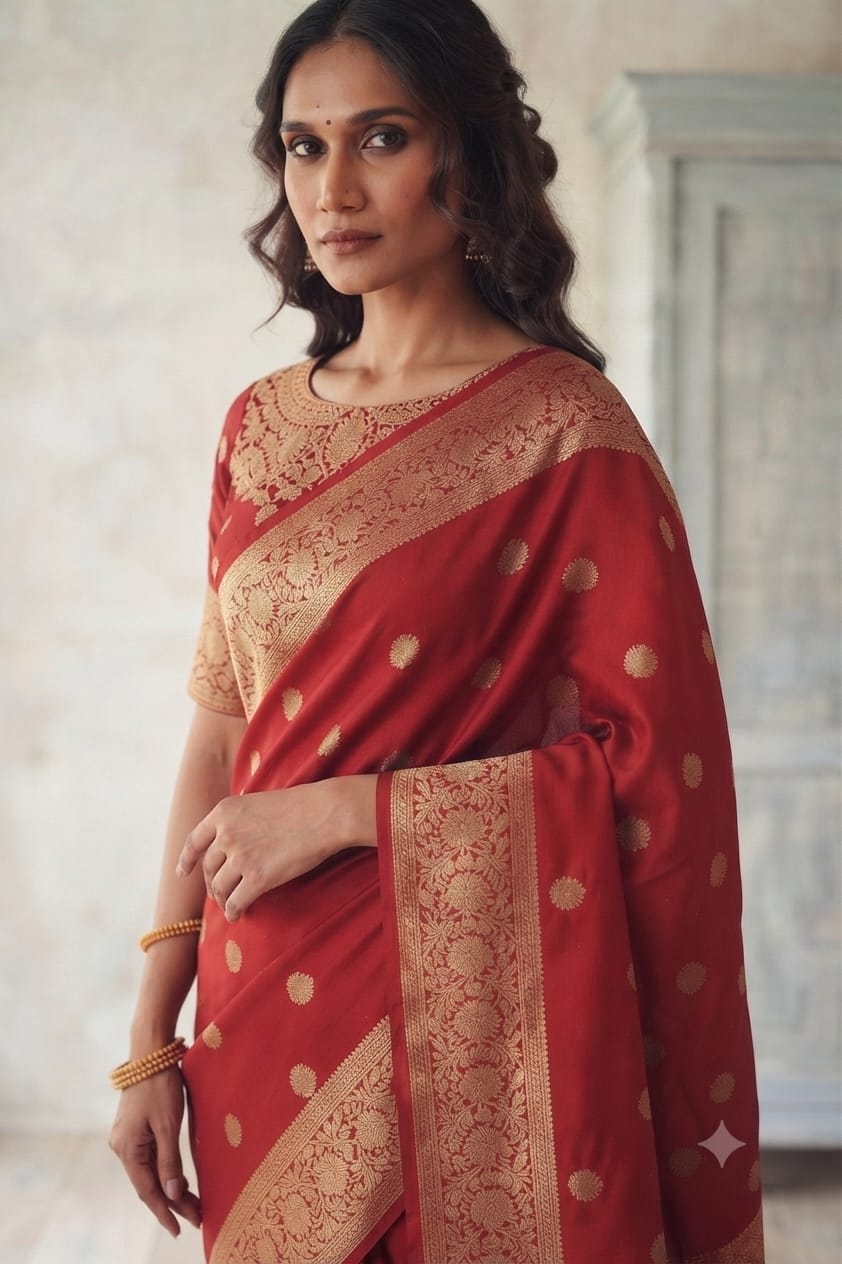 Dark red sindoor coloured premium silky saree