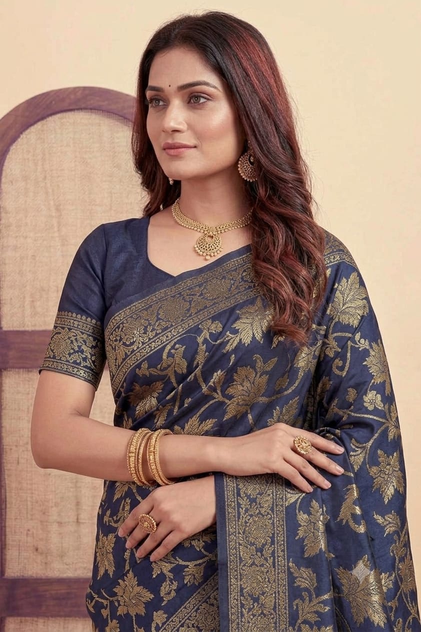 Darker navy with jari silky comfortable bnarsi saree