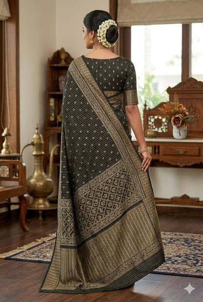 Dark black silk bnarsi look with simple texture jari embroidery