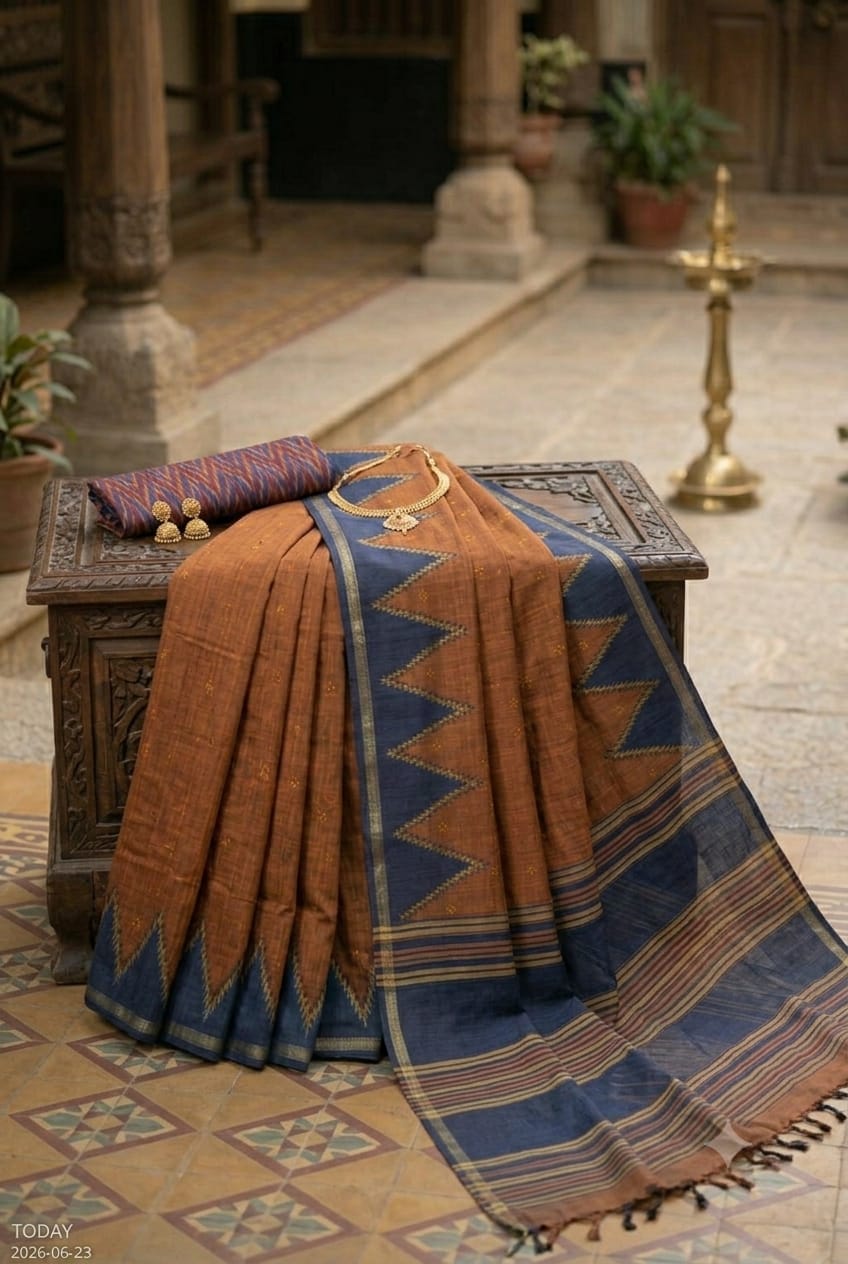 Mixture of kesari and brown colour saree chiffon fabric
