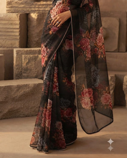 Exquisite black floral printed organza Saree with delicate embellished border