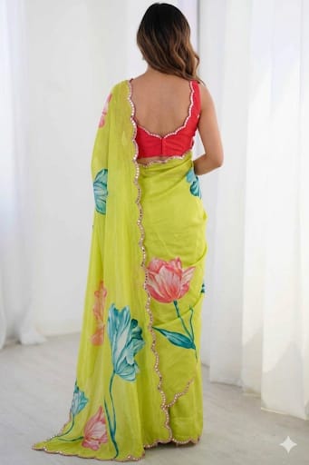 Light yellowish rose printed georgette saree