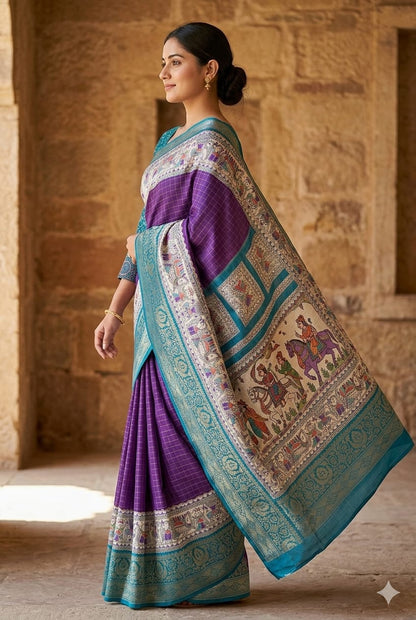 Purple silk saree embroidery along with blouse