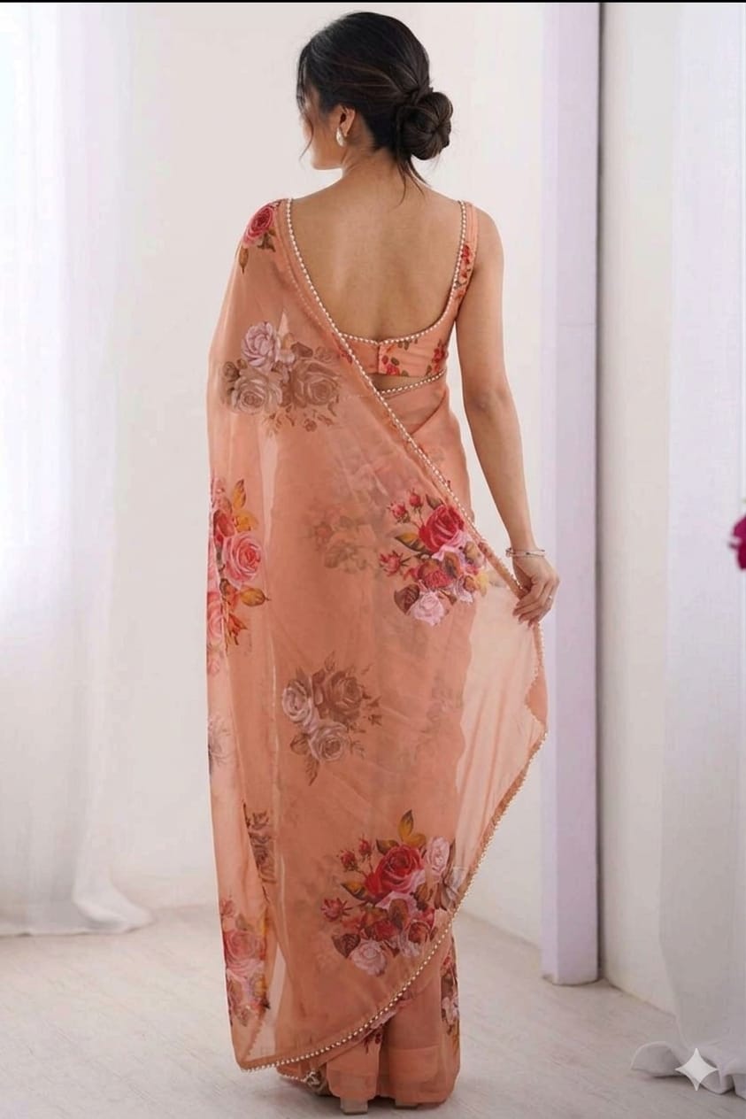 Georgette printed light pink saree with extra comfort