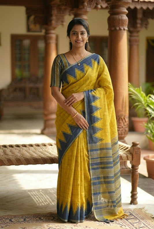 Enhanced by nature for your look light yellow colour polyester saree