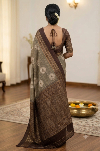 Brown rice colour saree mixture of polyester fabric