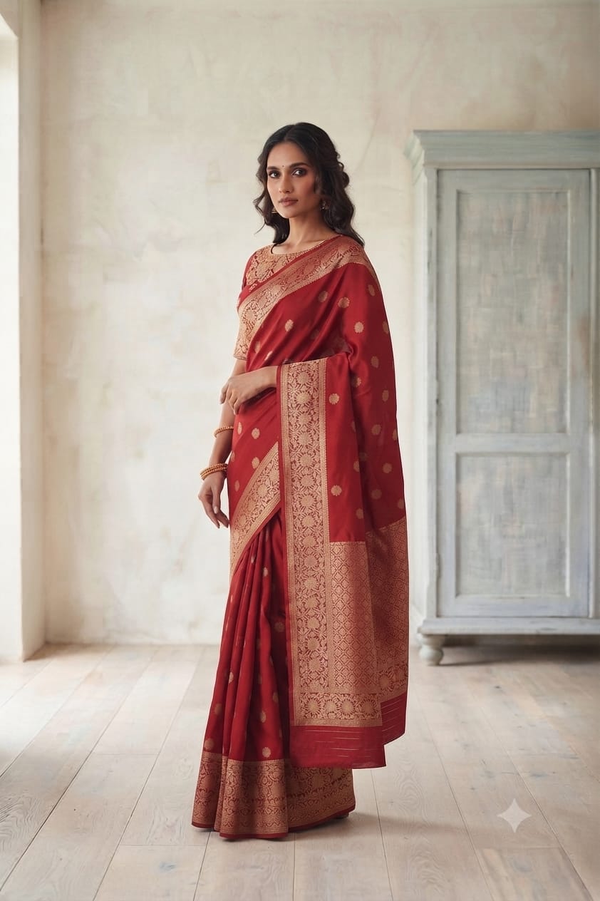 Dark red sindoor coloured premium silky saree