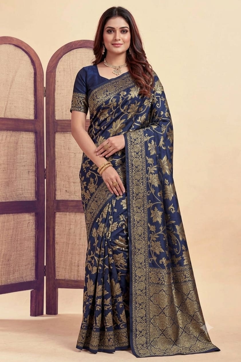 Darker navy with jari silky comfortable bnarsi saree