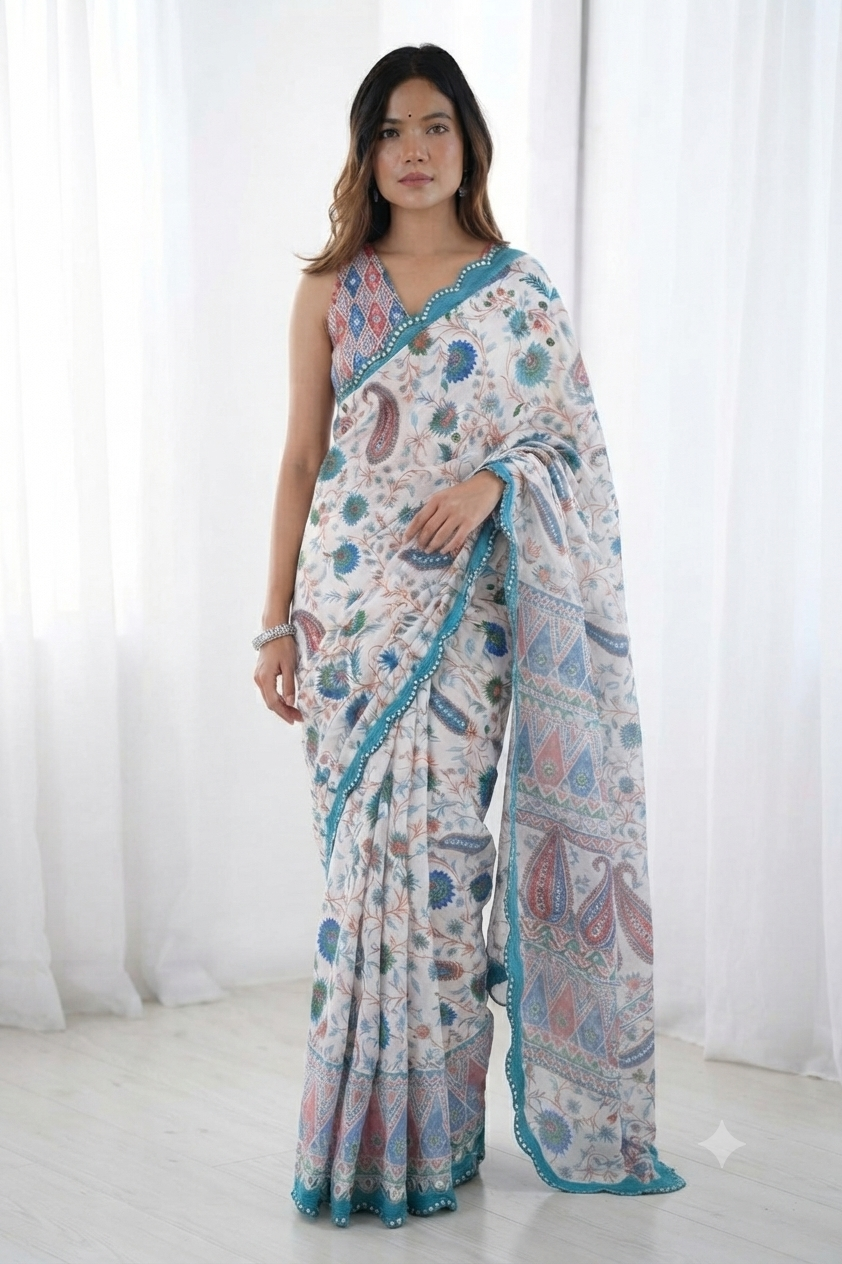 Embrace effortless elegance with this linen blend fabric printed saree