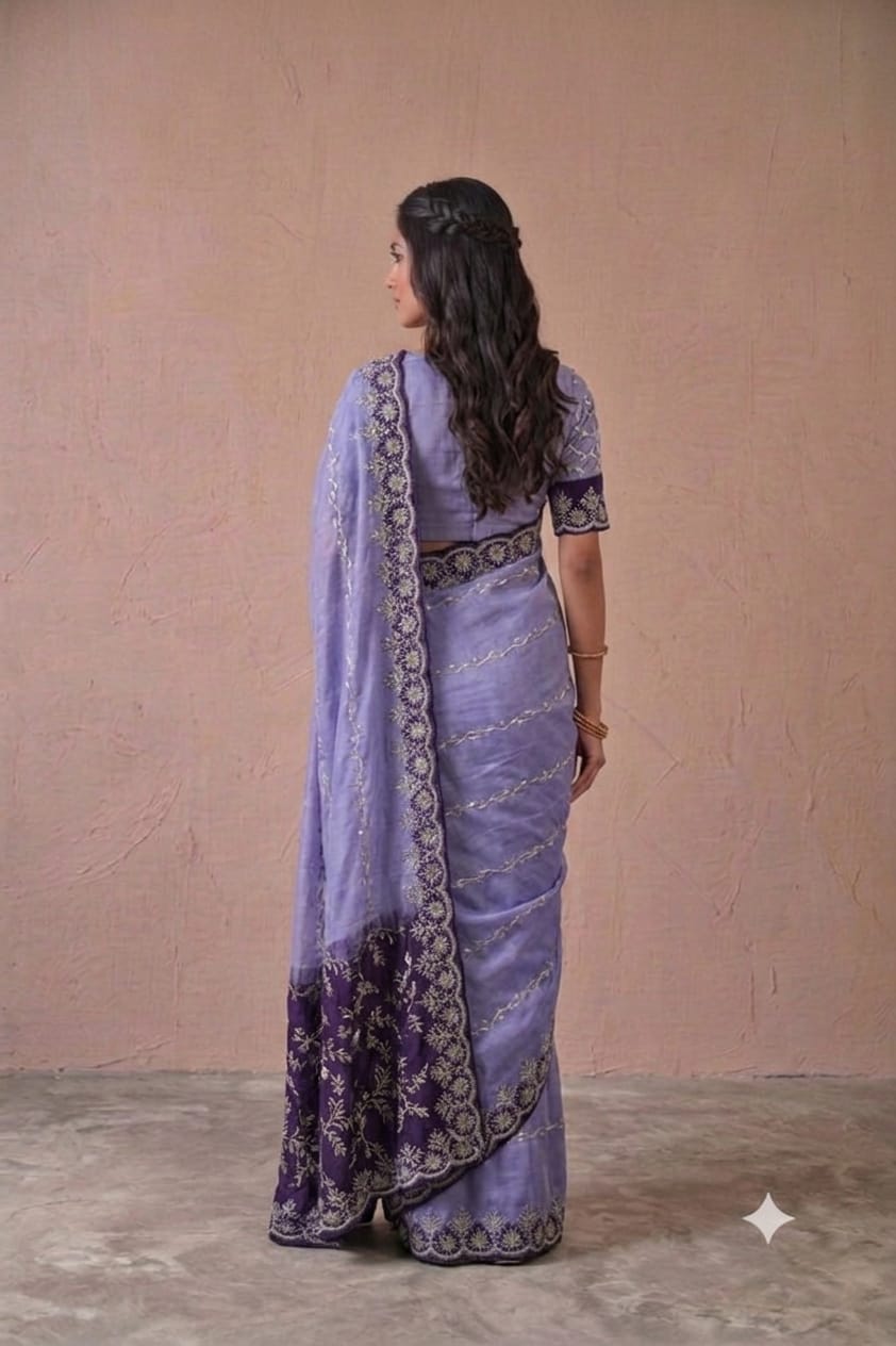 Synthetic fibre saree with shining embroidery design premium polister