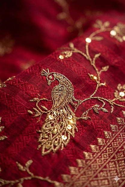Maroon Georgette with golden jari embroidery work royal look