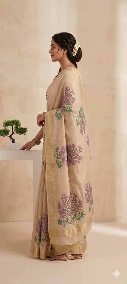 Light Creamy traditional embroidery design saree pure cotton