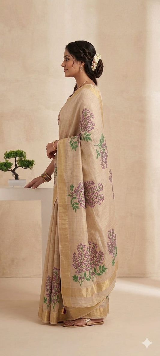 Light Creamy traditional embroidery design saree pure cotton