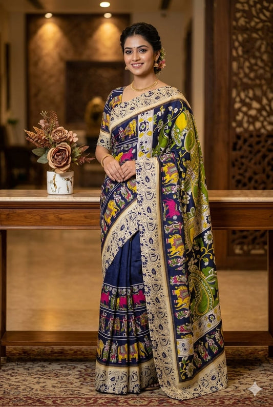 Premium purple silky saree with jari work royal look .