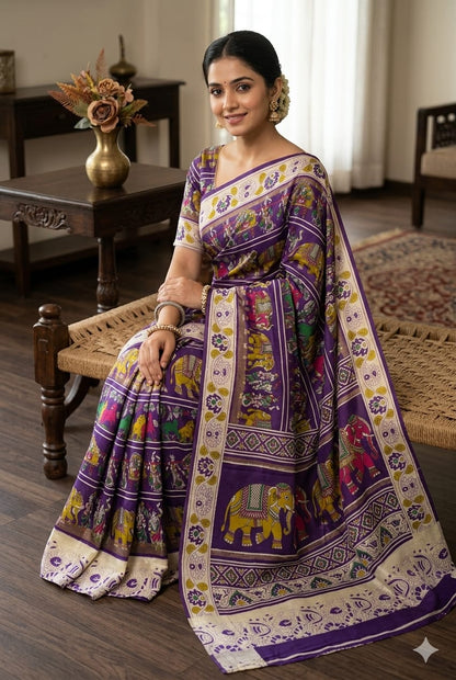 Premium purple silky saree with jari work royal look .