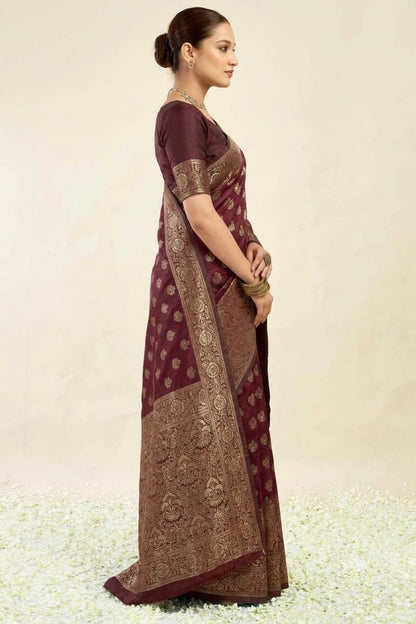 Dark maroon silky banarsi saree