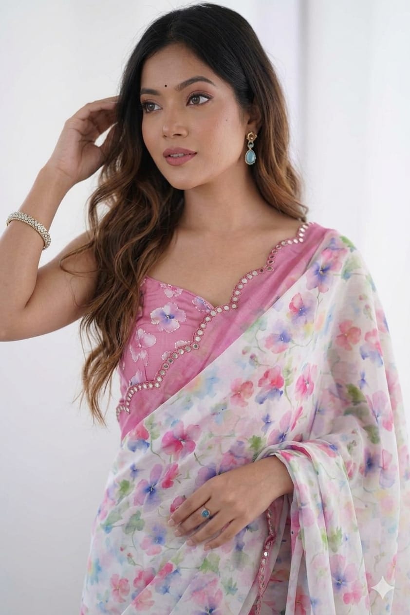 Light Pinky georgette saree ready to wear