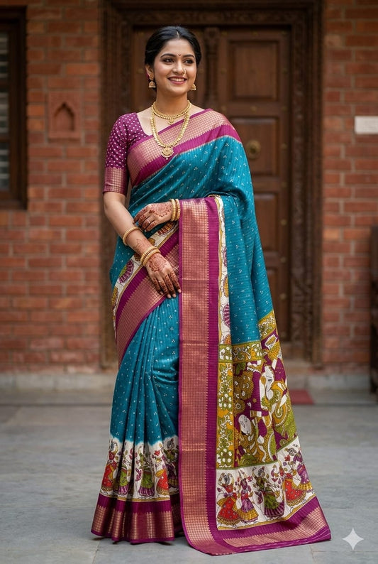 Blue silky banarsi saree -modern style -alongwith texture