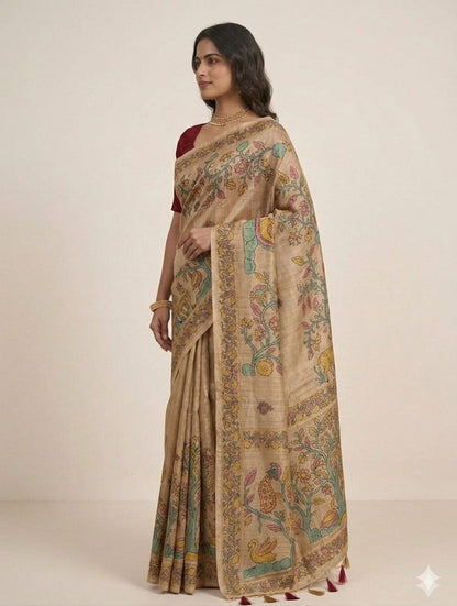 Golden silk banarsi saree -modern style -alongwith embroidery blouse & peticoat