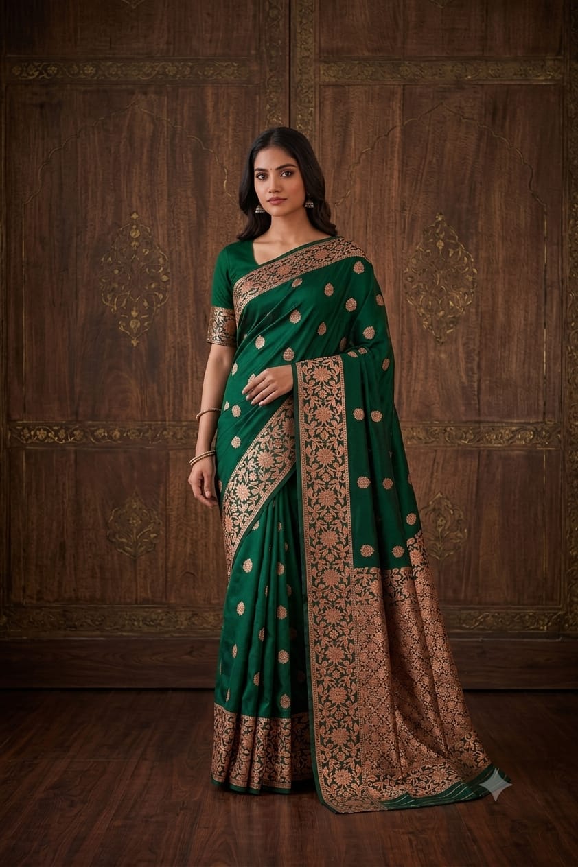 Darker green silk with jari work bnarsi saree