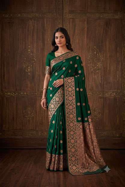 Darker green silk with jari work bnarsi saree