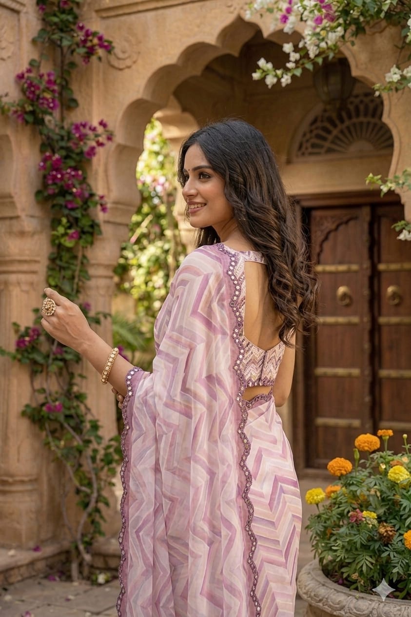 Sandy georgette printed saree with shining boundary