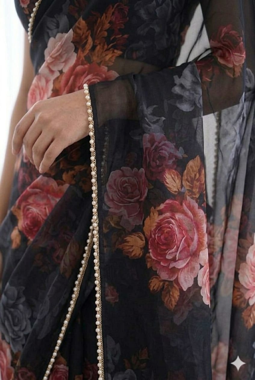 Black Georgette printed saris light weight breathable