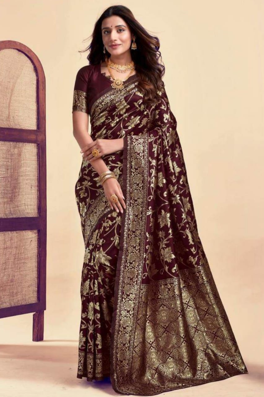 Darker maroon silky wedding wear saree