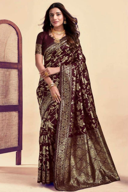 Darker maroon silky wedding wear saree
