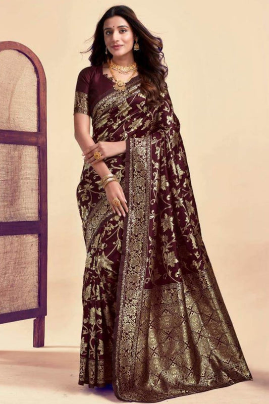 Darker maroon silky wedding wear saree