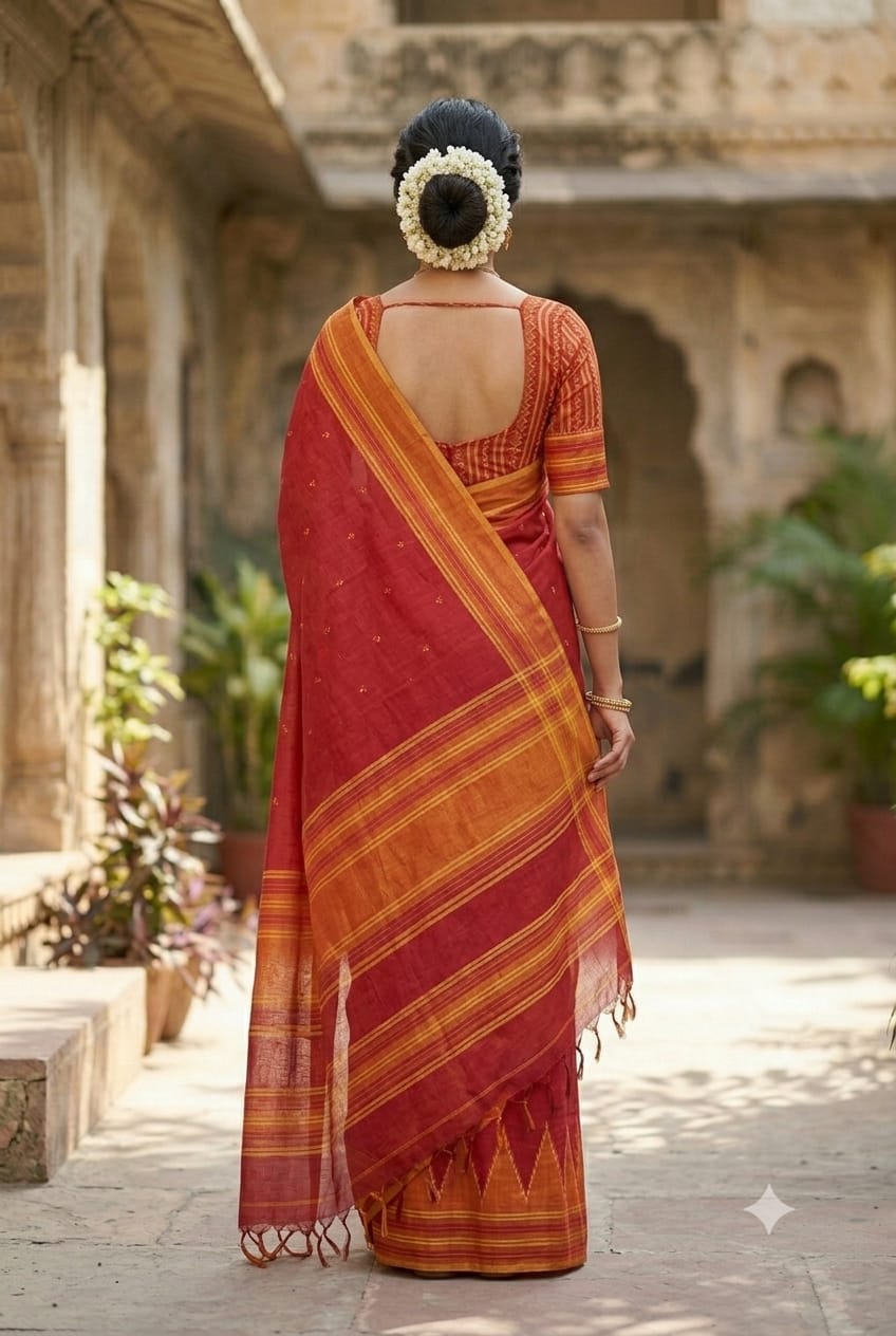 Mixture of red and orange georgette light weight saree