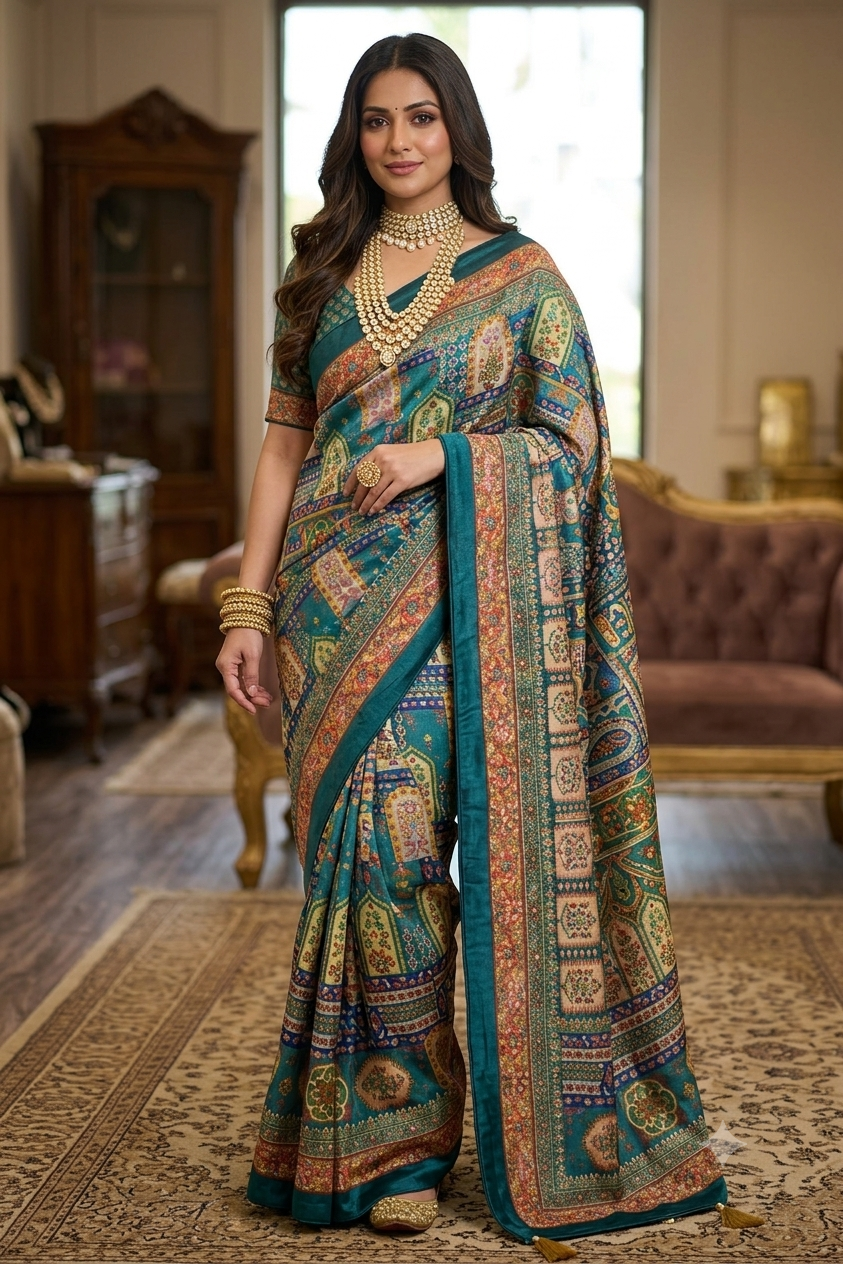 Elegant teal multicolour printed saree with velvet border and tassels