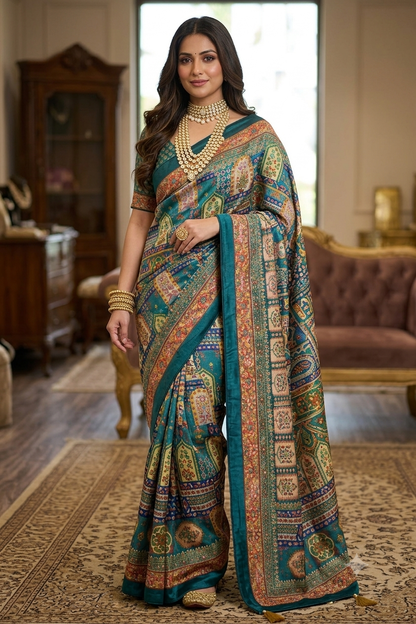 Elegant teal multicolour printed saree with velvet border and tassels