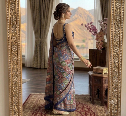 Dark navy with handcrafted embroidered masterpiece saree