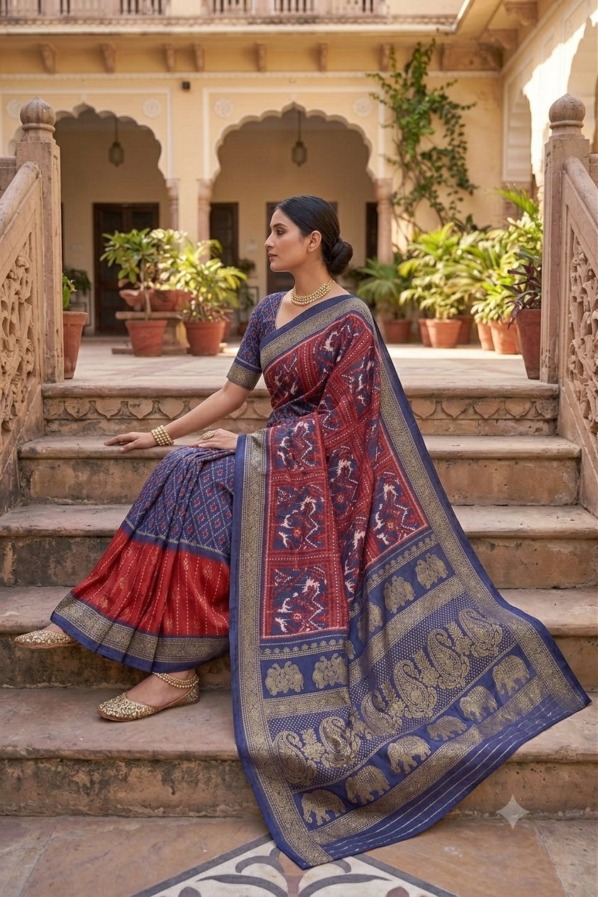 Mixture of polyester & chiffon red coloured saree