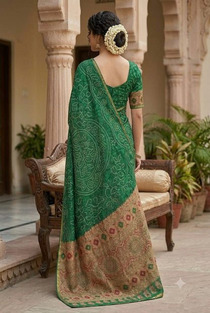 Green chunni style saree along with polyester  and georgette fabric