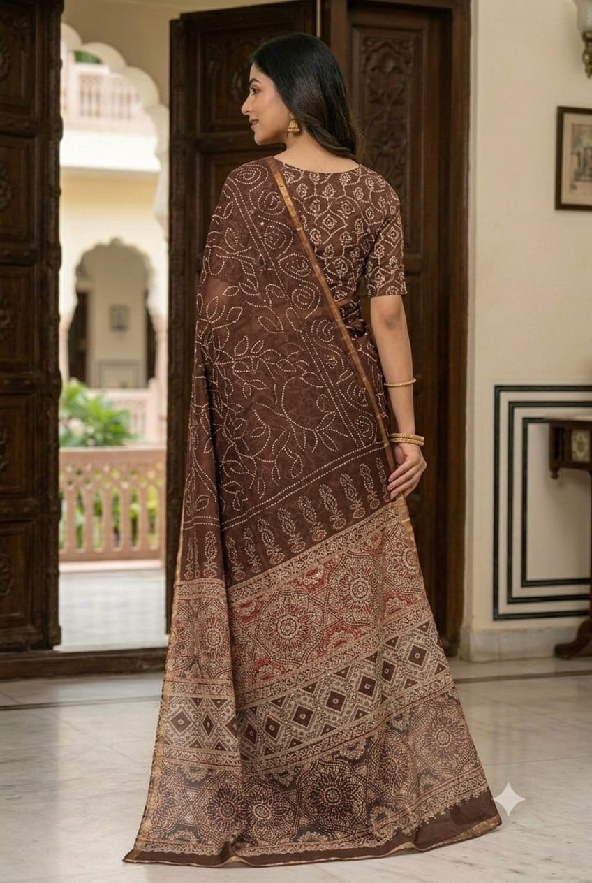 Chocolaty sandy mix polyester fabric saree