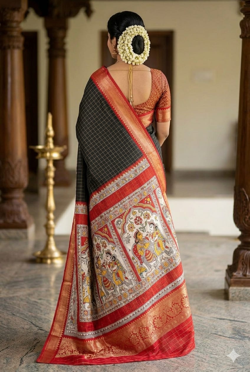 Dark black silky wedding wear saree along with premium craft on it