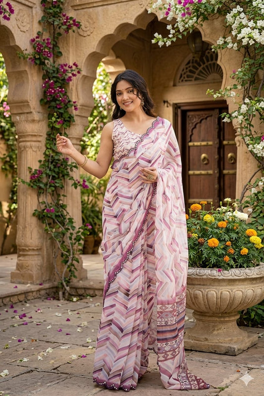 Sandy georgette printed saree with shining boundary