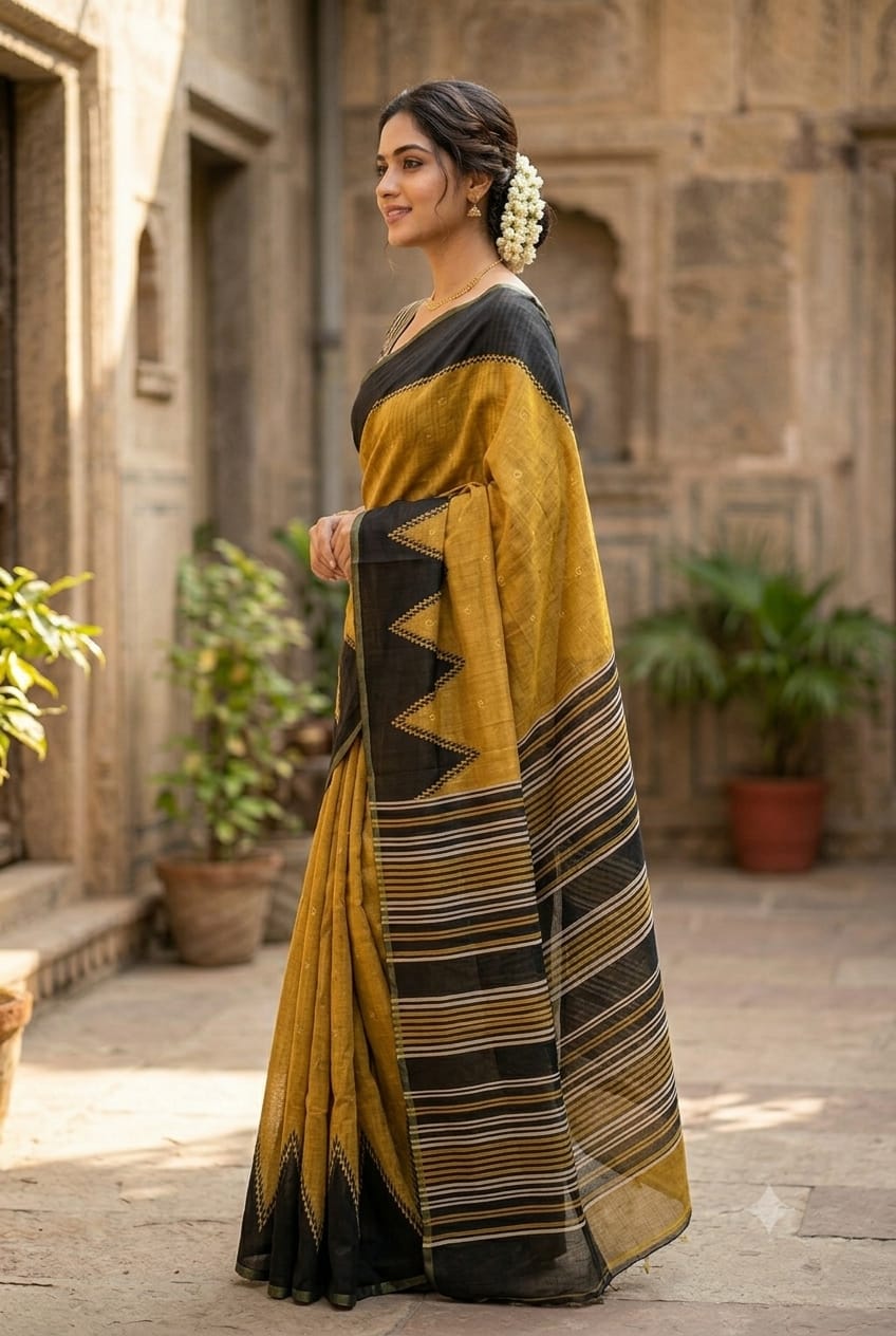 Great fancy saree along with yellow polyester fabric