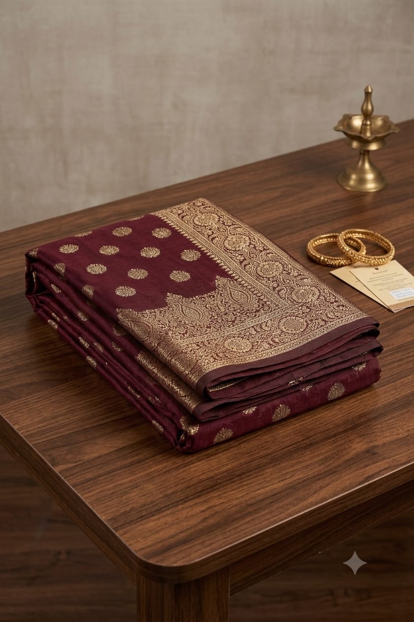 Maroon silky banarsi saree with jari boundary