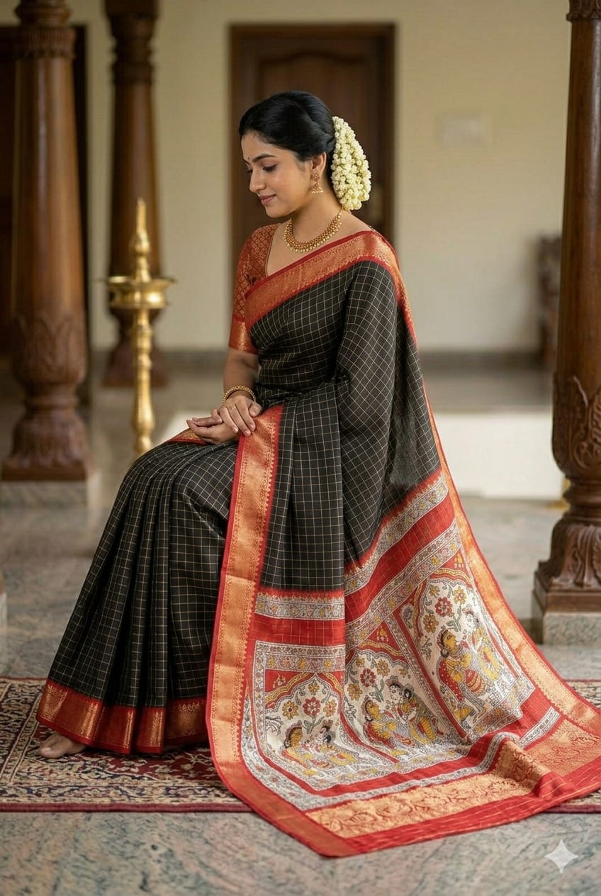 Dark black silky wedding wear saree along with premium craft on it