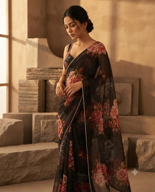 Exquisite black floral printed organza Saree with delicate embellished border