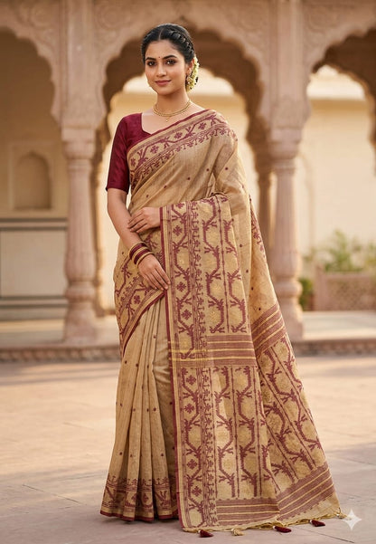 Cotton ice cream maroon embroidery along with blouse