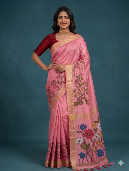 Pinky promise organza -embroidery jari cotton boundary along with cotton blouse